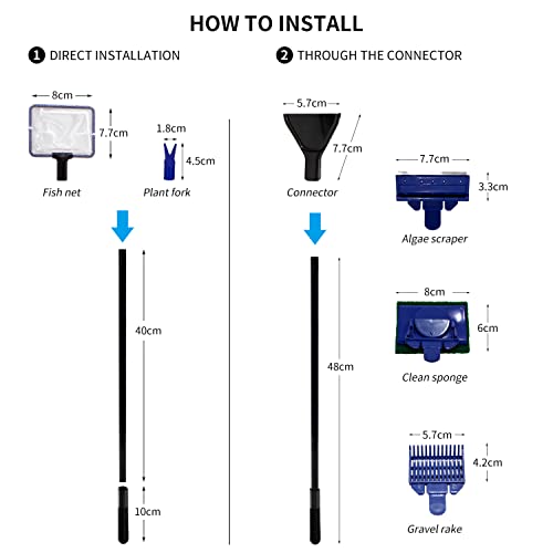 Nobleza Accesorios Limpiadores para Acuarios, 5 en 1 Kit Limpiador Acuario - Red de Pesca, Raspador de Algas(Acero Inoxidable), Rastrillo de Grava, Horquilla de Planta, Esponja