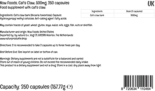 Now Foods, Cat's Claw ( Uña de Gato ), 500 mg, 250 Cápsulas veganas, Probado en Laboratorio, Vegetariano, Sin Gluten, Sin Soja
