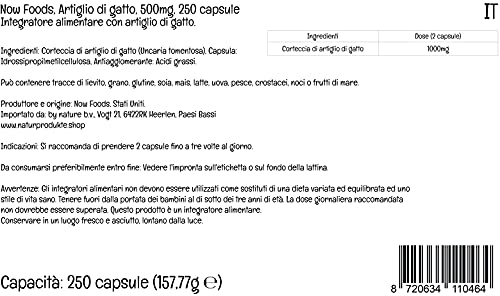 Now Foods, Cat's Claw ( Uña de Gato ), 500 mg, 250 Cápsulas veganas, Probado en Laboratorio, Vegetariano, Sin Gluten, Sin Soja