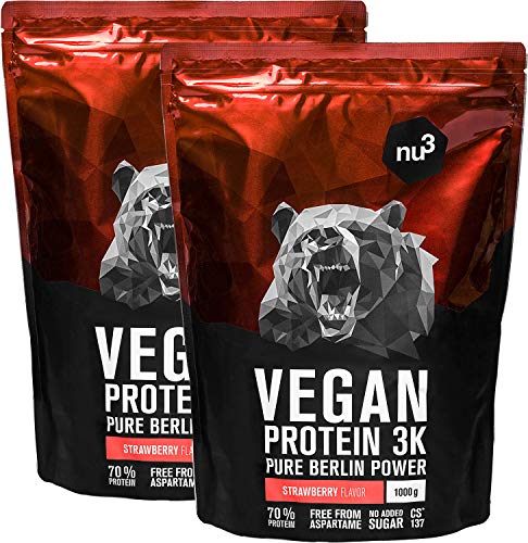 nu3 Proteína vegana 3K - 2kg de fórmula - 70% de proteína a base de 3 componentes vegetales - Proteínas para el crecimiento de la masa muscular con delicioso sabor fresa