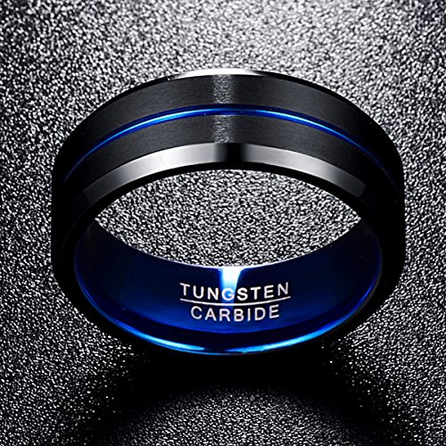 Nuncad Anillo Hombre Mujere Unisexo Tungsteno Exterior Negro + Azul 8 mm Anillo Simple para Boda Compromiso Talla (22.5)