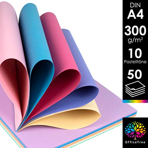 OfficeTree 50 Hoja de papel de color pastel A4-300g/m² niños cartulina para para hacer manualidades, diseñar - 10 tonos pastel