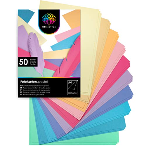 OfficeTree 50 Hoja de papel de color pastel A4-300g/m² niños cartulina para para hacer manualidades, diseñar - 10 tonos pastel