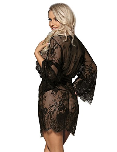 ohyeahlady Mujer Bata Sexy Kimono Encaje Ropa de Dormir Transparente Talla Grande con Cinturón y Tanga(Negro, XS-S)