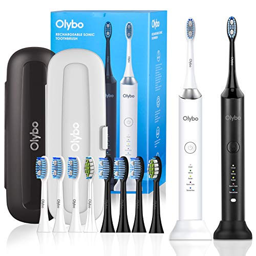 Olybo Cepillo de dientes eléctrico sónico de doble pack 一 ST-A9, 2 piezas de mano y 2 estuches de viaje, 5 modos con 10 cabezales de repuesto