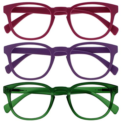 Opulize Pop Pack 3 Retro Redondo Mate Suave Pink Púrpura Verde Hombres Mujeres Gafas De Lectura Bisagras Resorte RRR2-456 +3,00