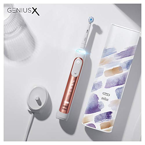 Oral-B Genius X, edición especial, cepillo de dientes eléctrico recargable, 1 mango premium oro rosa con inteligencia artificial, 1 cepillo, 1 funda de viaje cargador, idea regalo para mujer