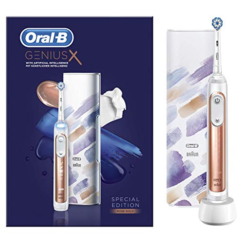 Oral-B Genius X, edición especial, cepillo de dientes eléctrico recargable, 1 mango premium oro rosa con inteligencia artificial, 1 cepillo, 1 funda de viaje cargador, idea regalo para mujer