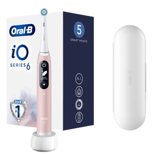 Oral-B iO 6 Sensitive Edición Cepillo de Dientes Eléctrico con Tecnología Braun, Mango con Pantalla Blanco y Negro + 1 Cabezal de Recambio y Funda de Viaje, Rosa, Super Sensitive