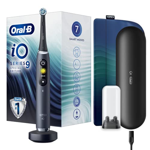 Oral-B iO9 Cepillo de Dientes Eléctrico con Mango Recargable, Tecnología Magnética de Braun, 1 Recambio, Pantalla a Color, Cargador, Funda Magnética y Estuche de Viaje - Negro