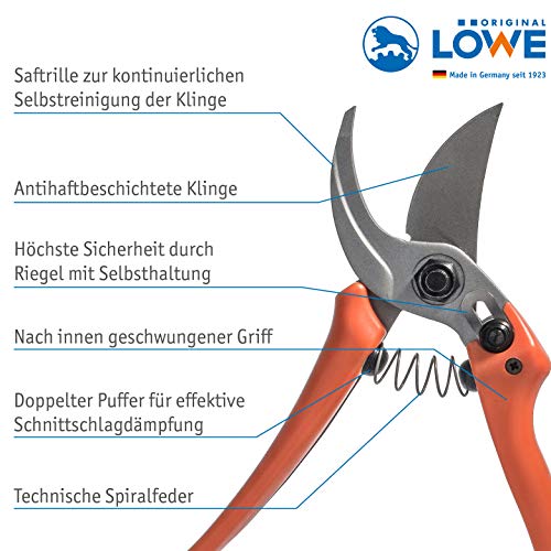 Original LÖWE 14 Tijeras de podar 14.107 con Cuchillas afiladas de Acero de Carbono, Tijeras de Bypass Ligeras con Revestimiento Antiadherente para Cortar arbustos, Ramas de Rosas, Flores Cortadas