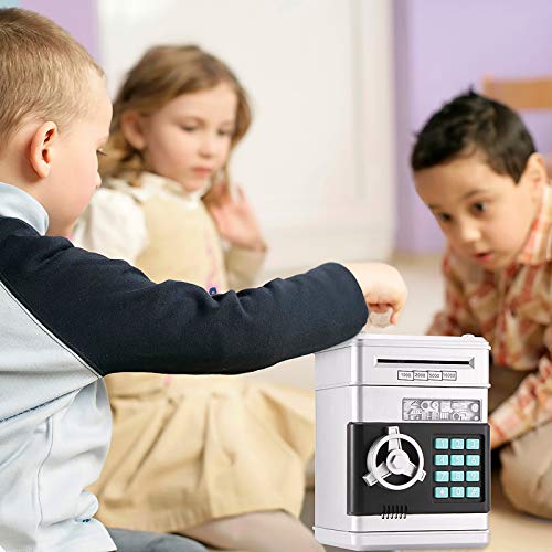 OurLeeme Hucha Electronica, Contraseña Money Bank para Cash Coin ATM Mini Coin Banks Mejores Regalos para niños (Plata)