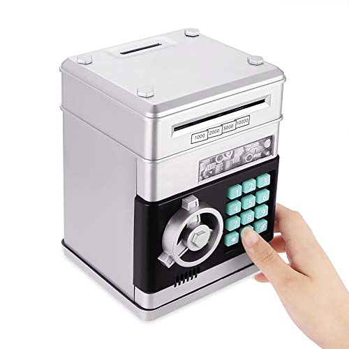 OurLeeme Hucha Electronica, Contraseña Money Bank para Cash Coin ATM Mini Coin Banks Mejores Regalos para niños (Plata)