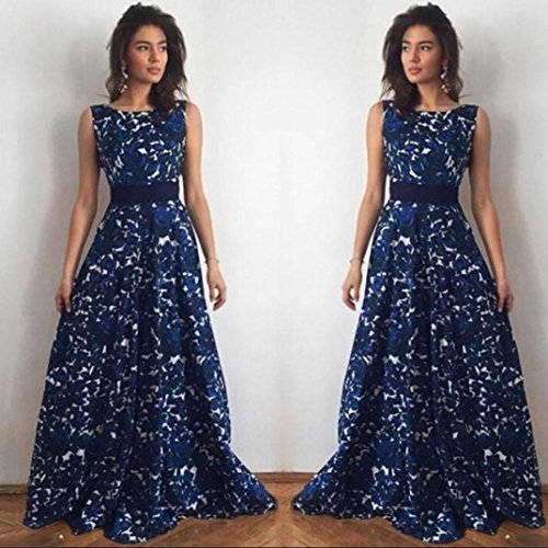 Overdose 2018 Vestidos MáS Populares Sexy Mujeres Floral Largo Formal Vestido De Fiesta del Partido Espalda Abierta Sexy Muse Vestido De Bola De Noche Vestido De Novia (L, Azul)