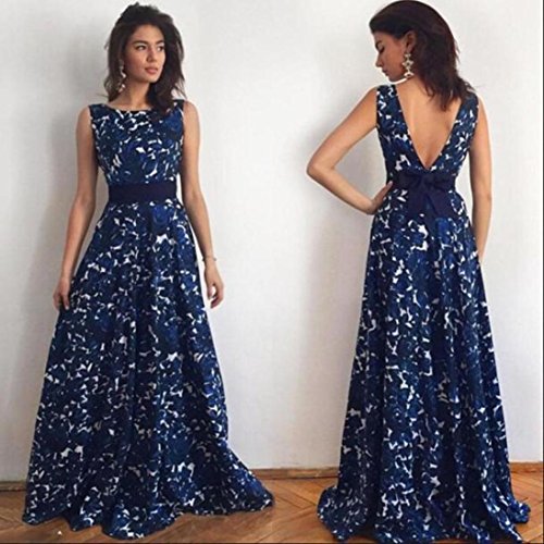 Overdose 2018 Vestidos MáS Populares Sexy Mujeres Floral Largo Formal Vestido De Fiesta del Partido Espalda Abierta Sexy Muse Vestido De Bola De Noche Vestido De Novia (L, Azul)