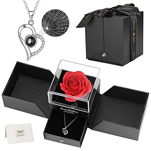 Ozrpn Juego de Rosas Eternas,Rosas de Amor,Caja de Regalo de Collar de Te Amo,Regalo de Cumpleaños Perfecto,Regalo Romántico para el Día de San Valentín,Cumpleaños,Día de la Madre,Aniversario,Navidad