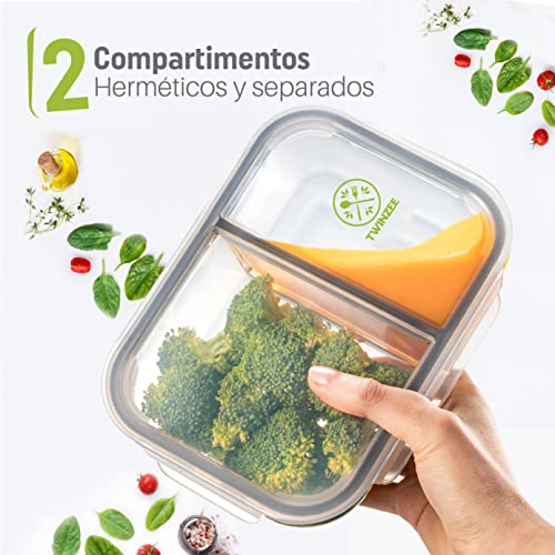 Pack 4 Recipientes de Cristal para Alimentos, 2 Compartimentos Herméticos, Tamaño XL 1040ml - Recipiente Cristal sin BPA para comidas - Meal Prep Comidas, Conservación, Congelación Alimentaria