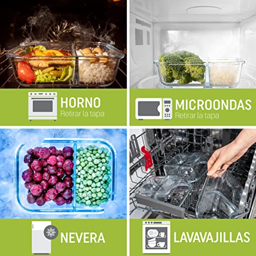 Pack 4 Recipientes de Cristal para Alimentos, 2 Compartimentos Herméticos, Tamaño XL 1040ml - Recipiente Cristal sin BPA para comidas - Meal Prep Comidas, Conservación, Congelación Alimentaria