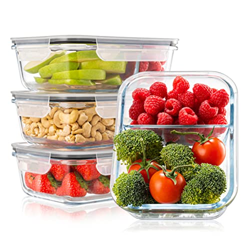 Pack 4 Recipientes de Cristal para Alimentos, 2 Compartimentos Herméticos, Tamaño XL 1040ml - Recipiente Cristal sin BPA para comidas - Meal Prep Comidas, Conservación, Congelación Alimentaria