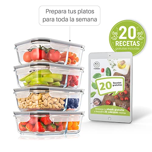 Pack 4 Recipientes de Cristal para Alimentos, 2 Compartimentos Herméticos, Tamaño XL 1040ml - Recipiente Cristal sin BPA para comidas - Meal Prep Comidas, Conservación, Congelación Alimentaria