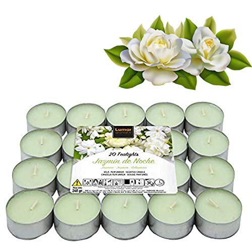 Pack 40 Velas de té aromáticas 4.5 horas de combustión Con base de metal - Aroma Jazmín de noche (PACK 40 VELAS, JAZMÍN DE NOCHE)