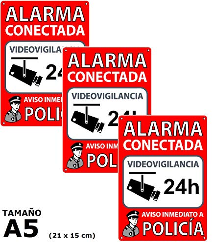 Pack de 3 Carteles Alarma Conectada | Placas Disuasorias A5 Interior/exterior Pvc Flexibles | Lote de 3 Carteles Aviso a la Policía | Zona Vigilada