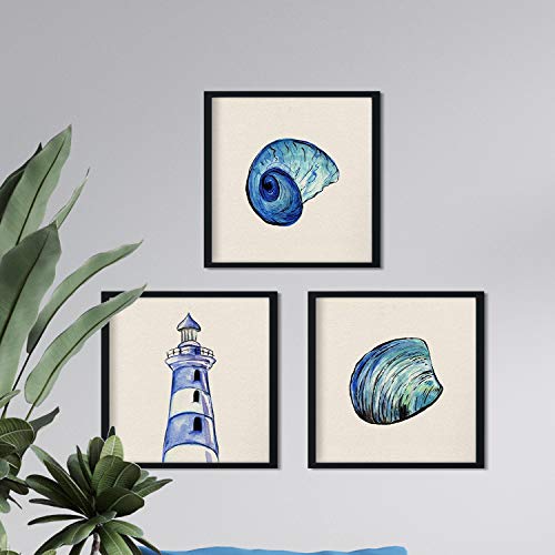 Pack de 3 láminas para enmarcar MAR AZUL. Posters con imágenes del mar. Concha, faro y caracola. Decoración de hogar. Láminas para enmarcar. Papel 250 gramos