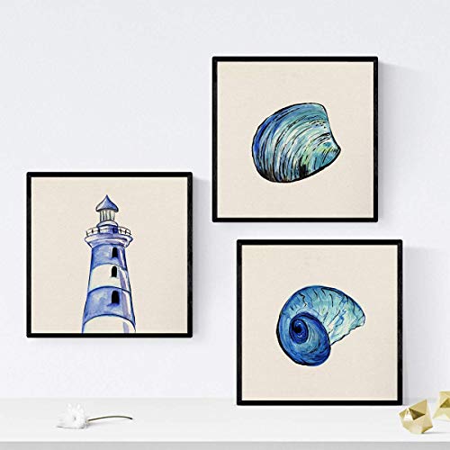 Pack de 3 láminas para enmarcar MAR AZUL. Posters con imágenes del mar. Concha, faro y caracola. Decoración de hogar. Láminas para enmarcar. Papel 250 gramos