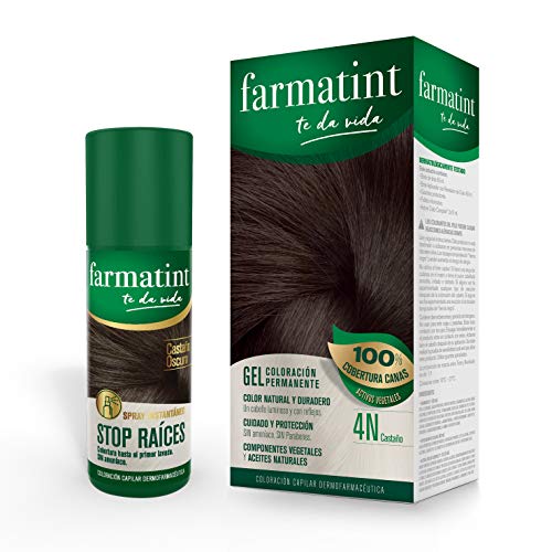 Pack Farmatint - Tinte 4N Castaño + Stop Raíces Castaño Oscuro - Color natural y duradero - Componentes vegetales y aceites naturales - Sin amoníaco - Dermatológicamente testado