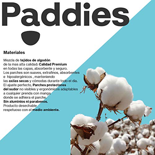 PADDIES Parches protectores contra el sudor · Parches Anti-sudor · Parches para axilas · Máximo confort · Protección 12 h · Protege tus prendas · Talla S 14 Paddies)