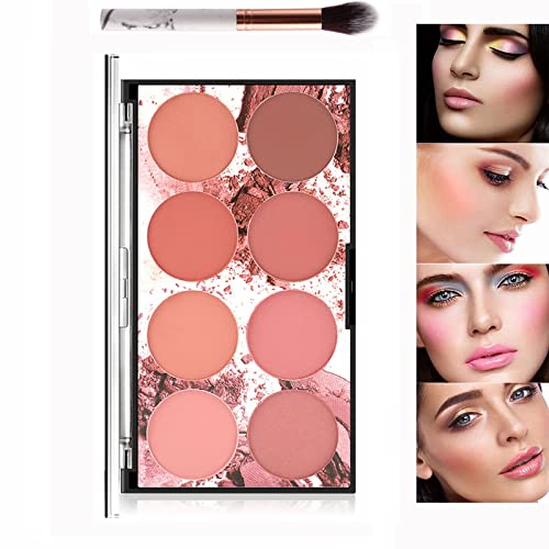 Paleta de Colorete de 8 Colores, Polvo de Rubor Facial con Brillo Brillante, Paleta de Rubor Mineral mate con Pincel, Colorete de Maquillaje Facial Profesional, Paleta de Rubor de Contorno y Resaltado