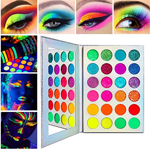 Paleta De Sombras De Ojos De Colores Neón Glitter Matte, A-fflano Pro UV Blacklight Luminous Paleta De Sombras De Ojos Altamente Pigmentadas, Sedoso Arco Iris Azul Rojo Naranja Morado Verde G-lam