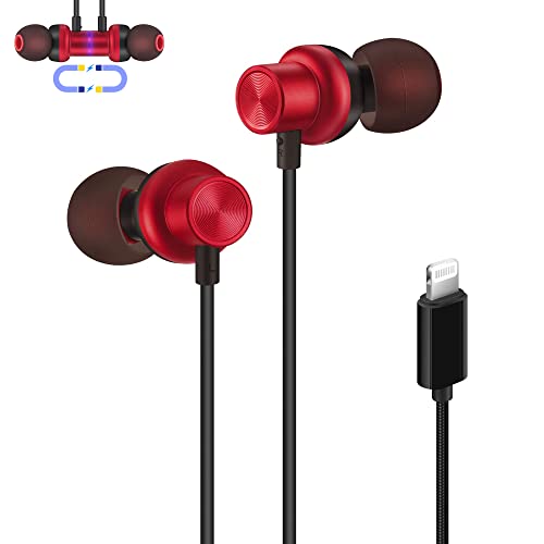 PALOVUE Earflow Plus Auriculares In-Ear Lightning Auricular Magnético con Certificación MFi con Controlador de Micrófono Compatible con iPhone X/XS(MAX)/XR iPhone 8/P iPhone 7/P (Rojo Metálico)