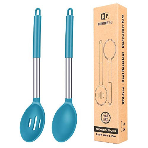 Paquete de 2 cucharas de cocina de silicona grandes, antiadherentes, resistentes al calor, utensilios de cocina para mezclar, servir, drenar, agitar (azul)