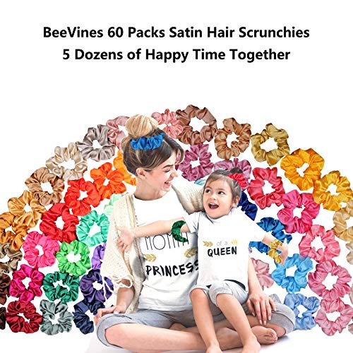 Paquete de 60 coleteros para el cabello BeeVines, coleteros de seda satinada para el cabello, accesorios para el cabello rizado y sedoso para mujeres, cuerdas para el cabello para adolescentes