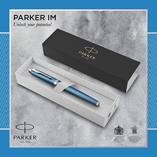 Parker IM pluma estilográfica | Azul-gris Premium con adornos cromados | Punta fina con recambio de tinta azul | Estuche de regalo