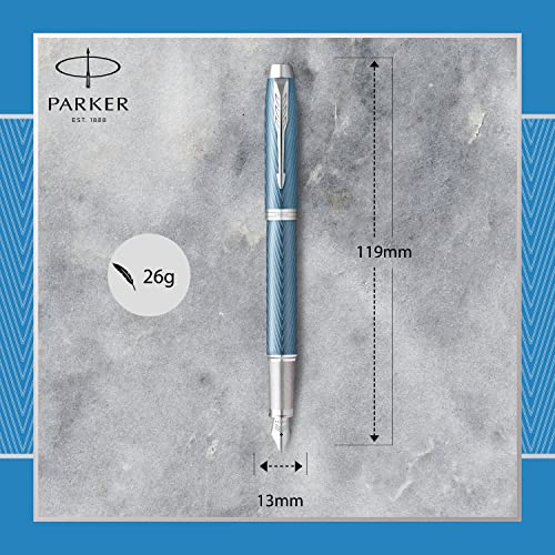 Parker IM pluma estilográfica | Azul-gris Premium con adornos cromados | Punta fina con recambio de tinta azul | Estuche de regalo