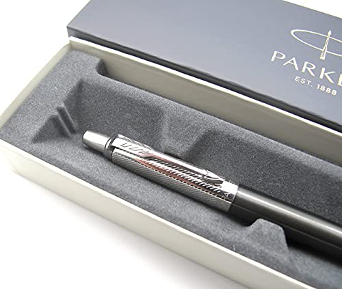 Parker Jotter - Bolígrafo de punta redonda de acero inoxidable, color gris torre con grabado en diagonal, tinta de gel negra, caja de regalo