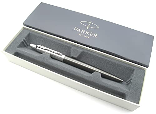 Parker Jotter - Bolígrafo de punta redonda de acero inoxidable, color gris torre con grabado en diagonal, tinta de gel negra, caja de regalo