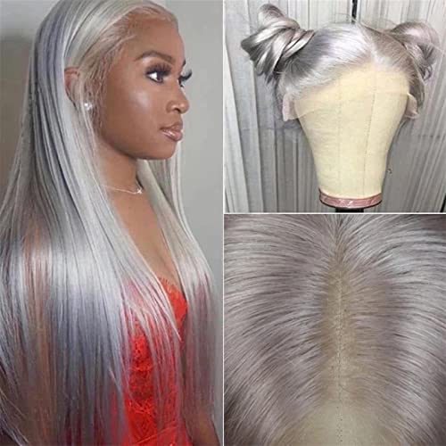 Peluca 13x1 T Parte de encaje frente Pelucas for el cabello humano Brasileño Recto Gris Cordón Frente Peluca Pre Destacado Plata Gris 10-28 pulgadas Remy Pelucas de Pelo Cordillo Transparente Extensio