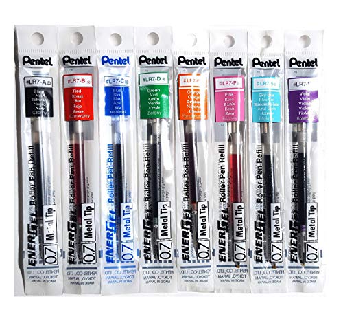 Pentel LR7 Recambios para Energel Gel Boli , 0.7mm Punta Metálica - Conjunto de 8 Colores - Negro, Azul, Rojo, Verde, Naranja, Rosa, Azul Celeste & Violeta - Suministro por Separado