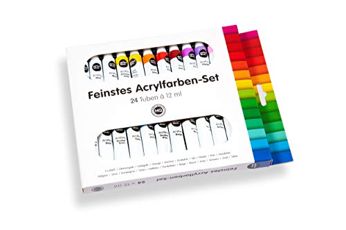 perfect ideaz Set de Pinturas acrílicas de Colores con Pincel, 24 Tubos x 12 ml, 22 Colores Diferentes, Alta proporción de pigmentos de Colores, Pintura acrílica de Alta Cobertura y de Secado rápido