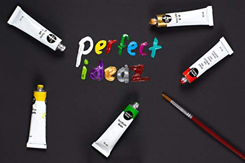 perfect ideaz Set de Pinturas acrílicas de Colores con Pincel, 24 Tubos x 12 ml, 22 Colores Diferentes, Alta proporción de pigmentos de Colores, Pintura acrílica de Alta Cobertura y de Secado rápido