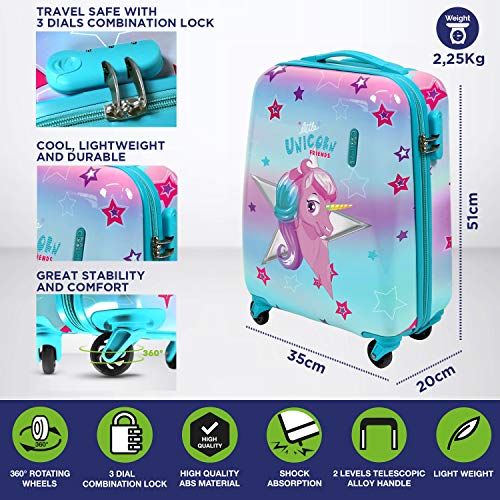 PERLETTI Maleta Trolley Niña Rigida Extra Resistente Unicornio Azul ABS - Equipaje de Mano Cabina Ligero con Cerradura TSA y 4 Ruedas Dobles Multidireccionales - Ryanair 49x34x21 cm (Unicornio, XS)