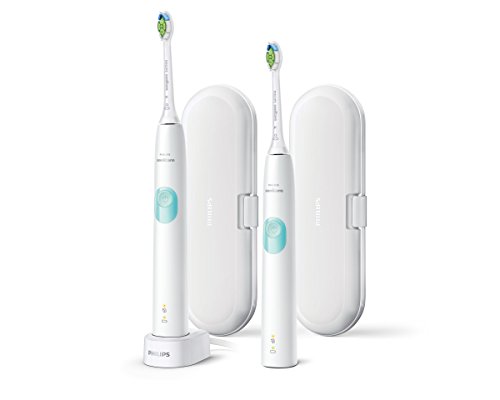 Philips Sonicare ProtectiveClean 4300 HX6807/35 – 2 cepillos de dientes sónicos con programa de limpieza de limpieza, control de presión, 2 estuches de viaje y cargador, color blanco