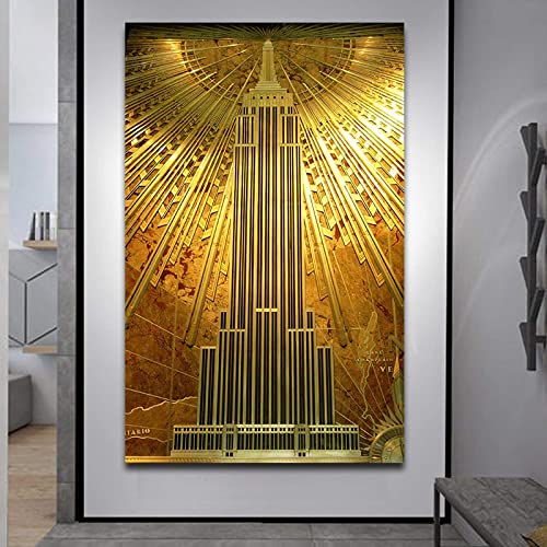 PICQXS 60X90cm Sin Marco Carteles y Grabados Póster de Edificio Empire State Dorado, impresión Moderna de Lujo, Cuadro de Arte de Pared para Sala de Estar