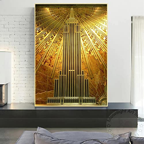 PICQXS 60X90cm Sin Marco Carteles y Grabados Póster de Edificio Empire State Dorado, impresión Moderna de Lujo, Cuadro de Arte de Pared para Sala de Estar