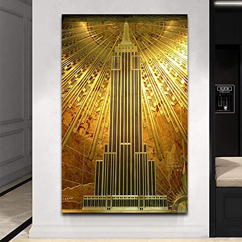 PICQXS 60X90cm Sin Marco Carteles y Grabados Póster de Edificio Empire State Dorado, impresión Moderna de Lujo, Cuadro de Arte de Pared para Sala de Estar