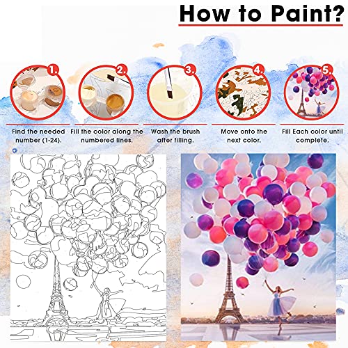 Pintar por numeros para Adultos Paris - Chica con Globos - Cuadro de Pinturas con numeros con Pinceles y Colores Brillantes - Lienzo con numeros Dibujado fácil de Pintar para Adultos y niños