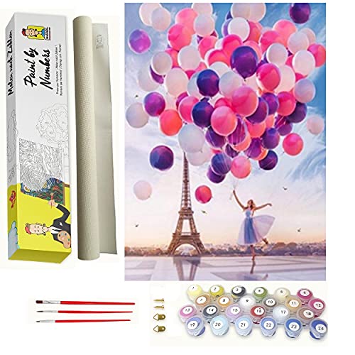 Pintar por numeros para Adultos Paris - Chica con Globos - Cuadro de Pinturas con numeros con Pinceles y Colores Brillantes - Lienzo con numeros Dibujado fácil de Pintar para Adultos y niños